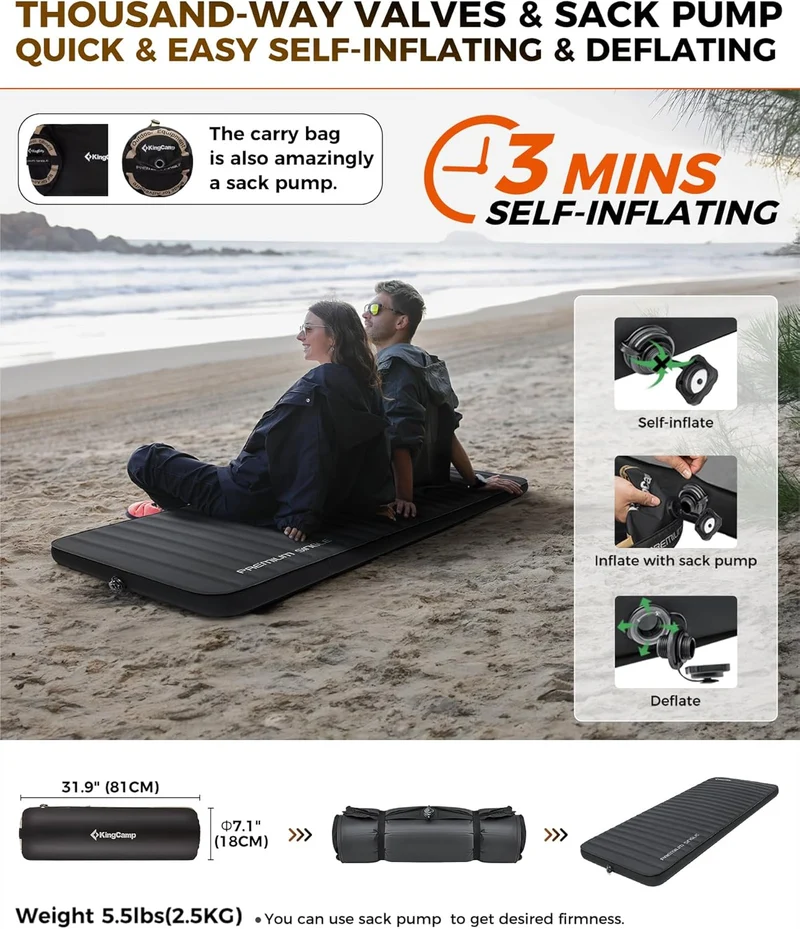 KingCamp PREMIUM SINGLE Self-Inflating Sleeping Pad | R-Value 7.5, 3" Thick for 4-Season Camping
