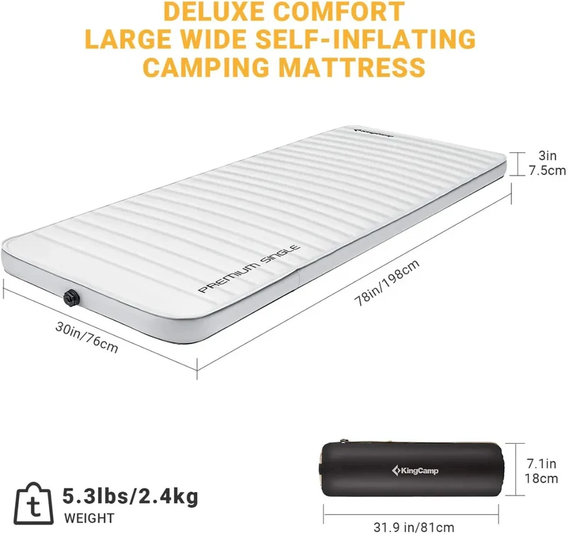 KingCamp PREMIUM SINGLE Self-Inflating Sleeping Pad | R-Value 7.5, 3" Thick for 4-Season Camping