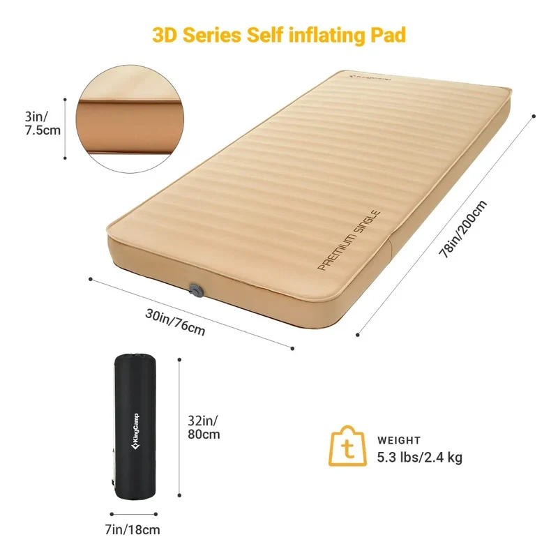 KingCamp PREMIUM SINGLE Self-Inflating Sleeping Pad | R-Value 7.5, 3" Thick for 4-Season Camping