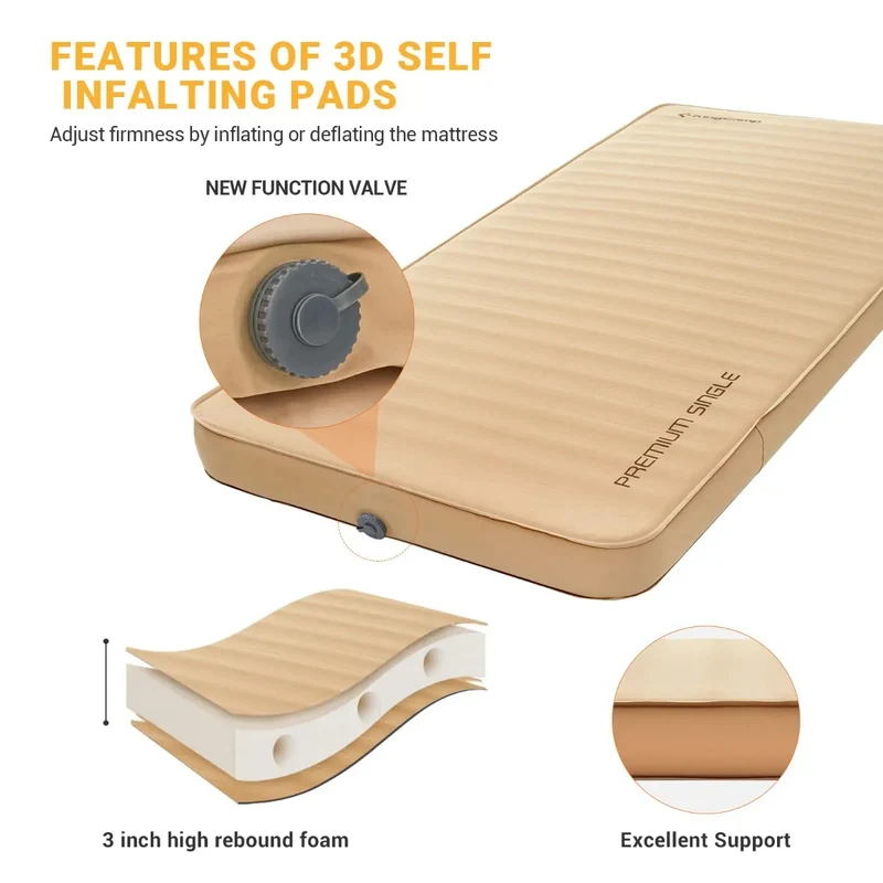 KingCamp PREMIUM SINGLE Self-Inflating Sleeping Pad | R-Value 7.5, 3" Thick for 4-Season Camping