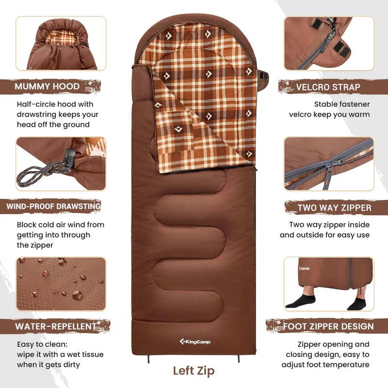 KingCamp CLOUDY 400 Sleeping Bag-Envelope With Hood - 4-Season, Wide, Waterproof, Converts to Double