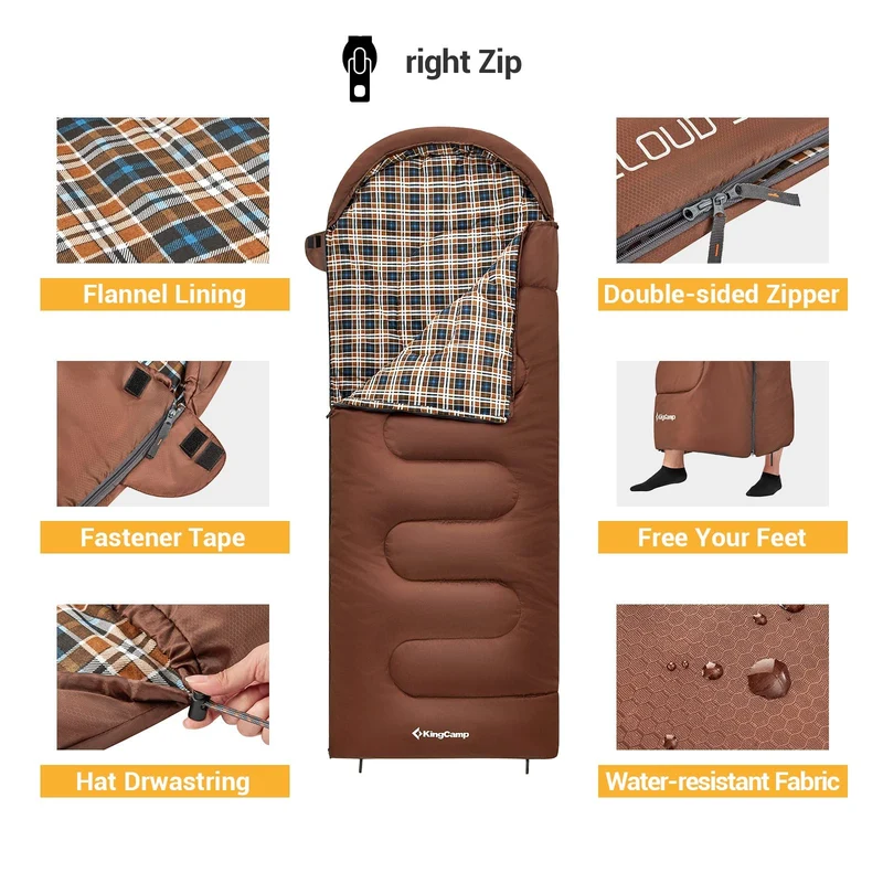 KingCamp CLOUDY 400 Sleeping Bag-Envelope With Hood - 4-Season, Wide, Waterproof, Converts to Double