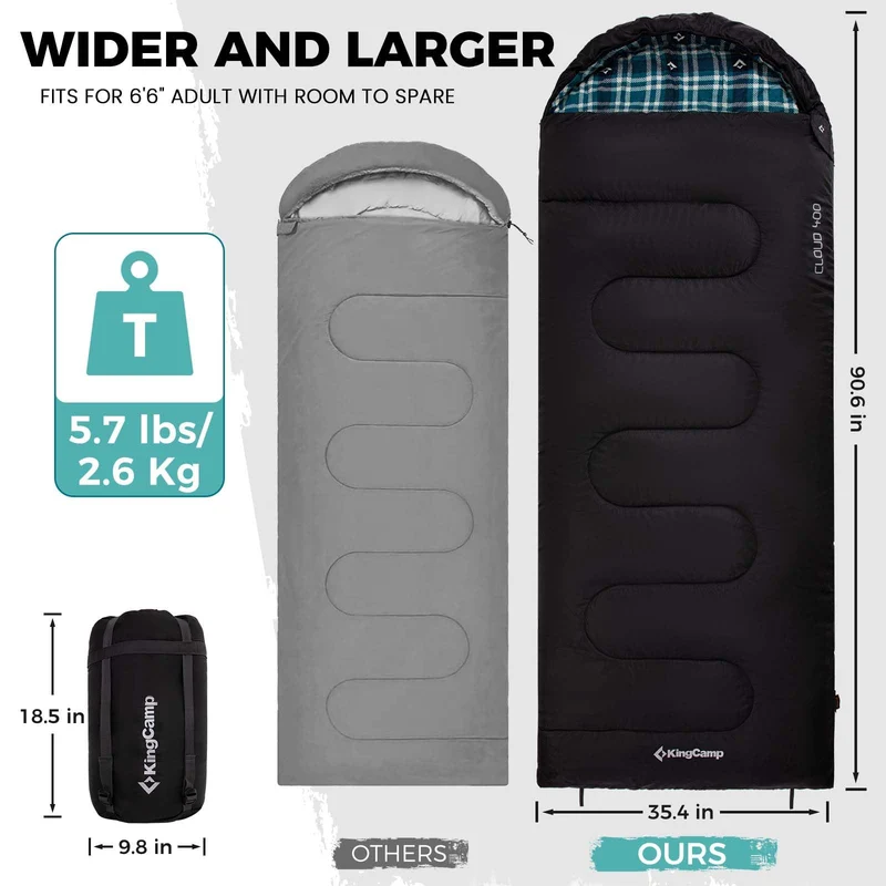KingCamp CLOUDY 400 Sleeping Bag-Envelope With Hood - 4-Season, Wide, Waterproof, Converts to Double