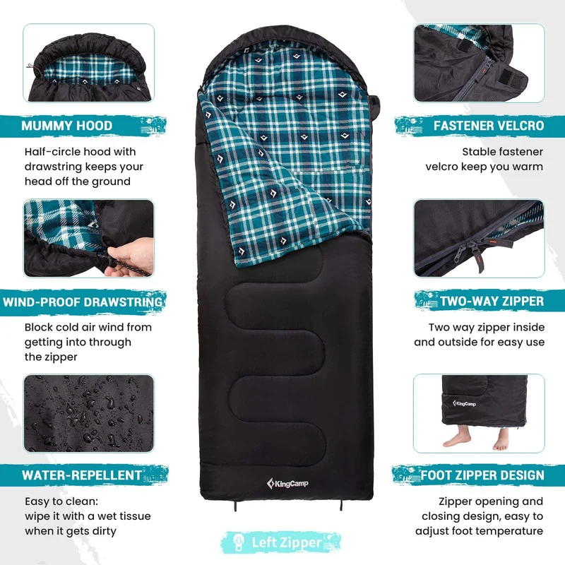 KingCamp CLOUDY 400 Sleeping Bag-Envelope With Hood - 4-Season, Wide, Waterproof, Converts to Double