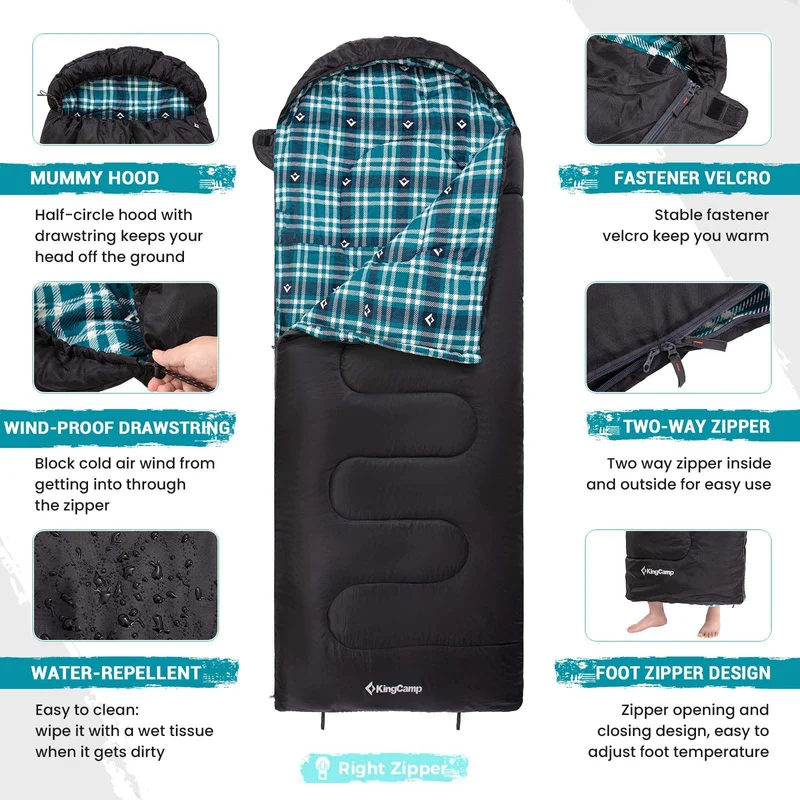 KingCamp CLOUDY 400 Sleeping Bag-Envelope With Hood - 4-Season, Wide, Waterproof, Converts to Double