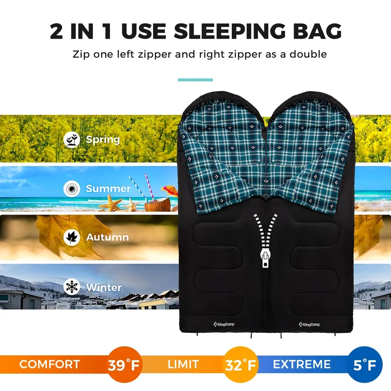 KingCamp CLOUDY 400 Sleeping Bag-Envelope With Hood - 4-Season, Wide, Waterproof, Converts to Double