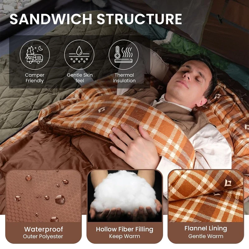 KingCamp CLOUDY 400 Sleeping Bag-Envelope With Hood - 4-Season, Wide, Waterproof, Converts to Double