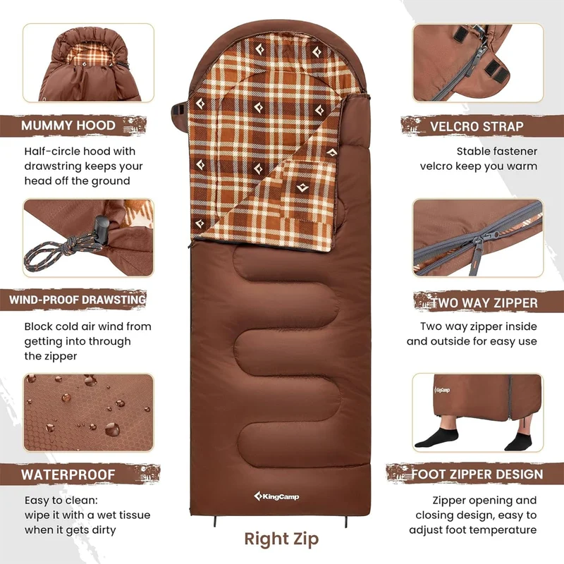 KingCamp CLOUDY 400 Sleeping Bag-Envelope With Hood - 4-Season, Wide, Waterproof, Converts to Double