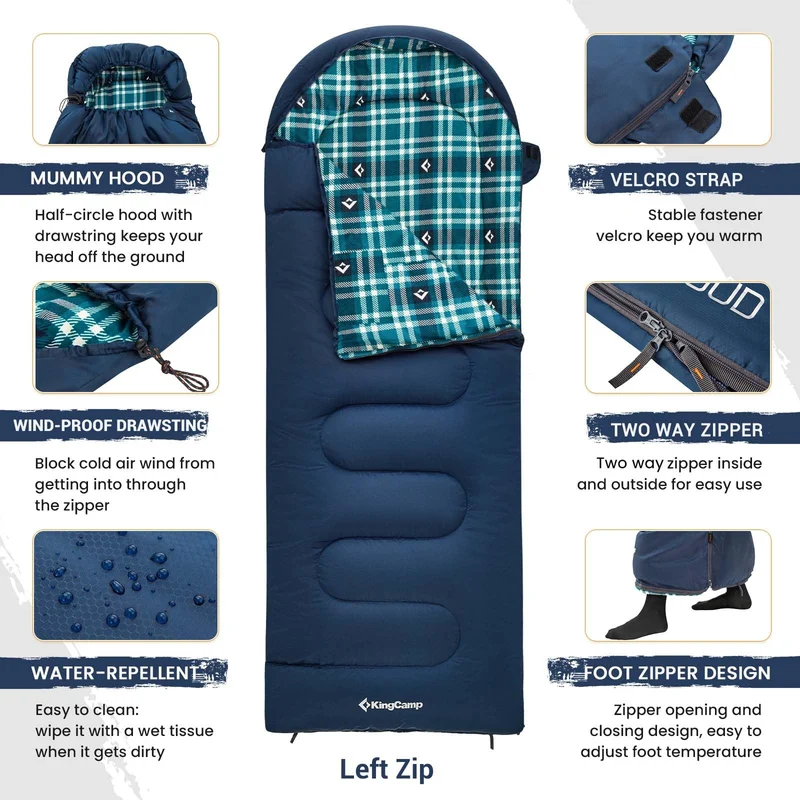 KingCamp CLOUDY 400 Sleeping Bag-Envelope With Hood - 4-Season, Wide, Waterproof, Converts to Double