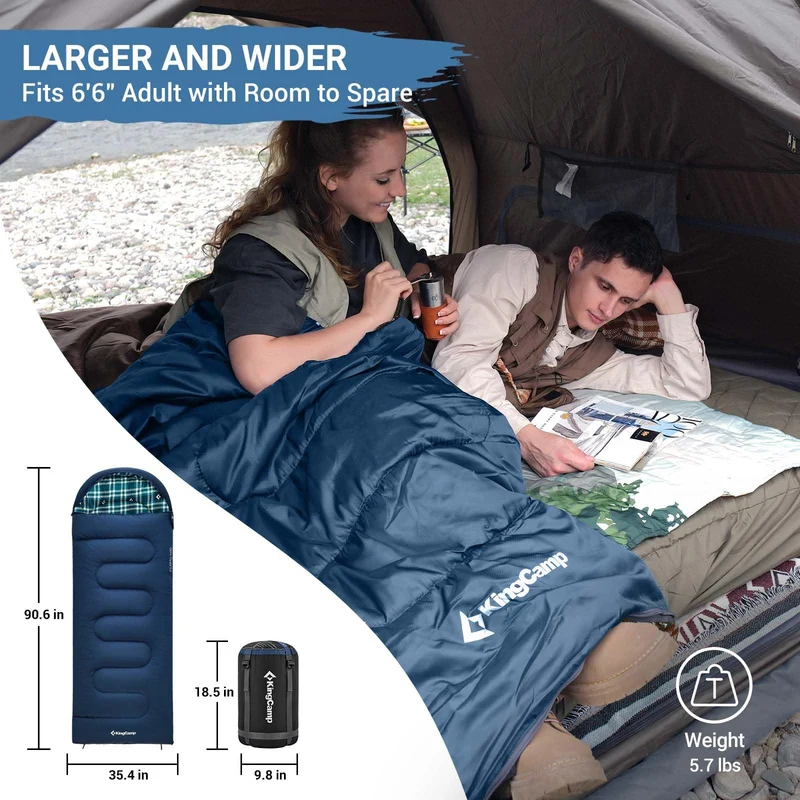 KingCamp CLOUDY 400 Sleeping Bag-Envelope With Hood - 4-Season, Wide, Waterproof, Converts to Double