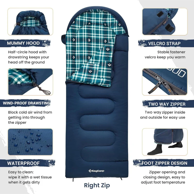 KingCamp CLOUDY 400 Sleeping Bag-Envelope With Hood - 4-Season, Wide, Waterproof, Converts to Double