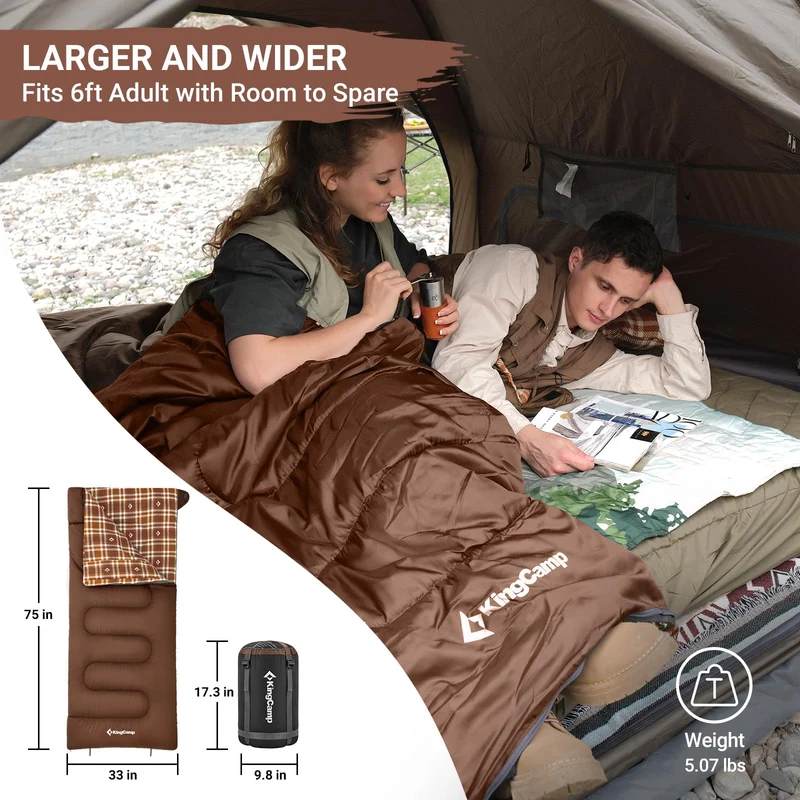 KingCamp SNOWFLAKE 400 Sleeping Bag – Wide, Convertible to Double, Flannel Lined