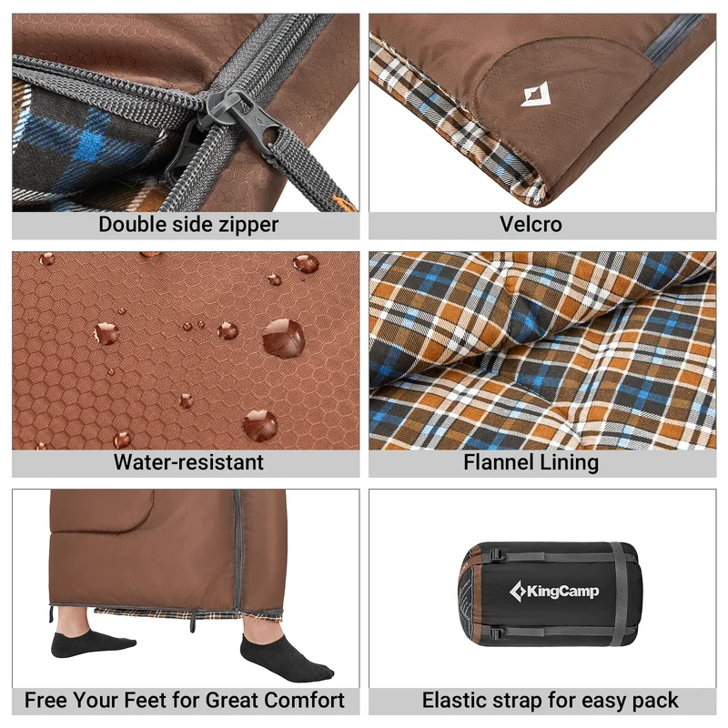 KingCamp SNOWFLAKE 400 Sleeping Bag – Wide, Convertible to Double, Flannel Lined