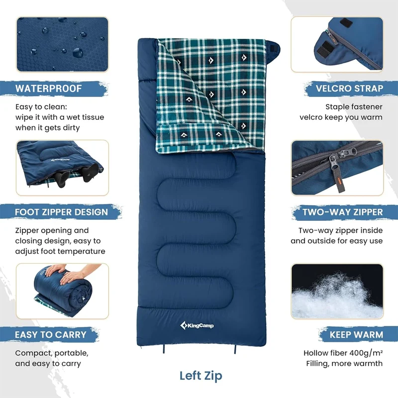 KingCamp SNOWFLAKE 400 Sleeping Bag – Wide, Convertible to Double, Flannel Lined