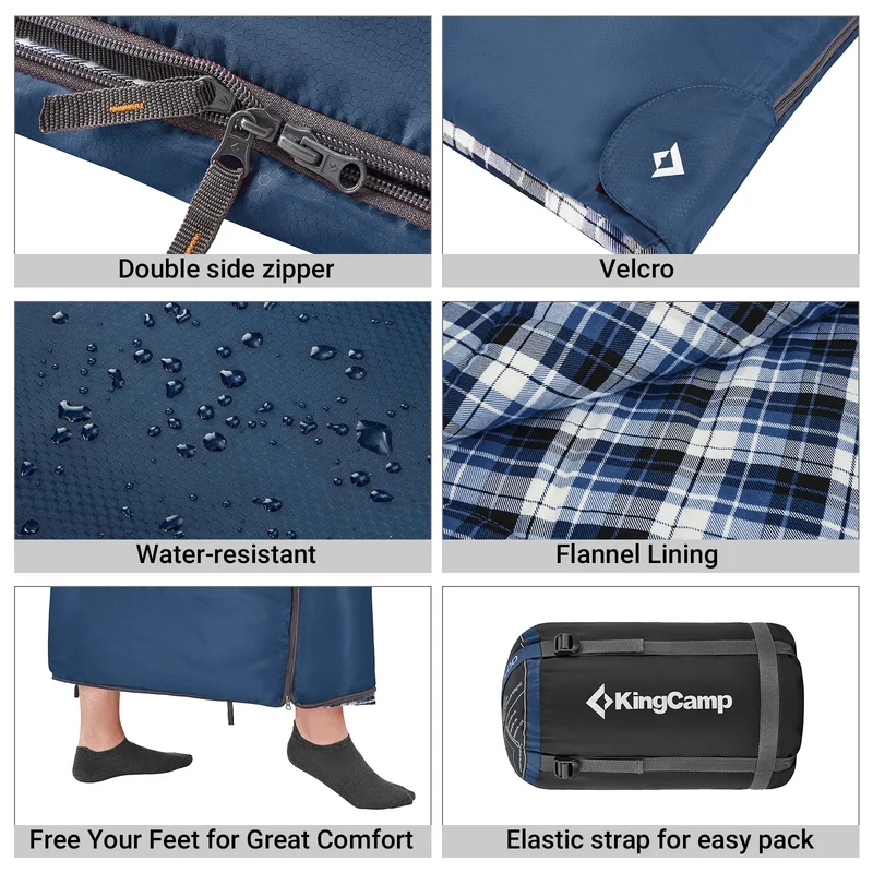 KingCamp SNOWFLAKE 400 Sleeping Bag – Wide, Convertible to Double, Flannel Lined