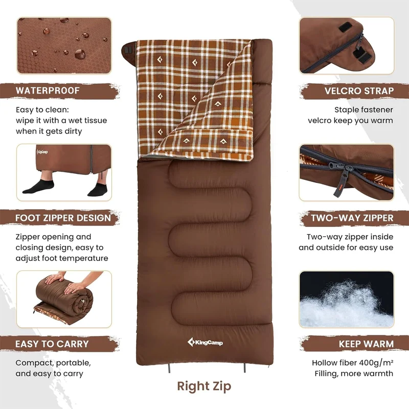 KingCamp SNOWFLAKE 400 Sleeping Bag – Wide, Convertible to Double, Flannel Lined