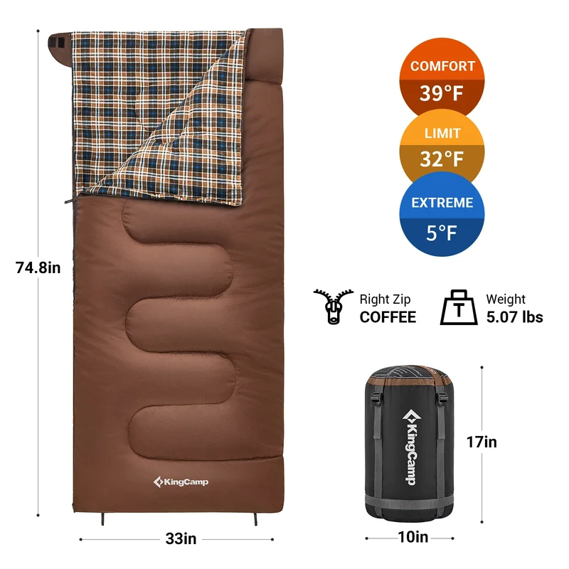 KingCamp SNOWFLAKE 400 Sleeping Bag – Wide, Convertible to Double, Flannel Lined