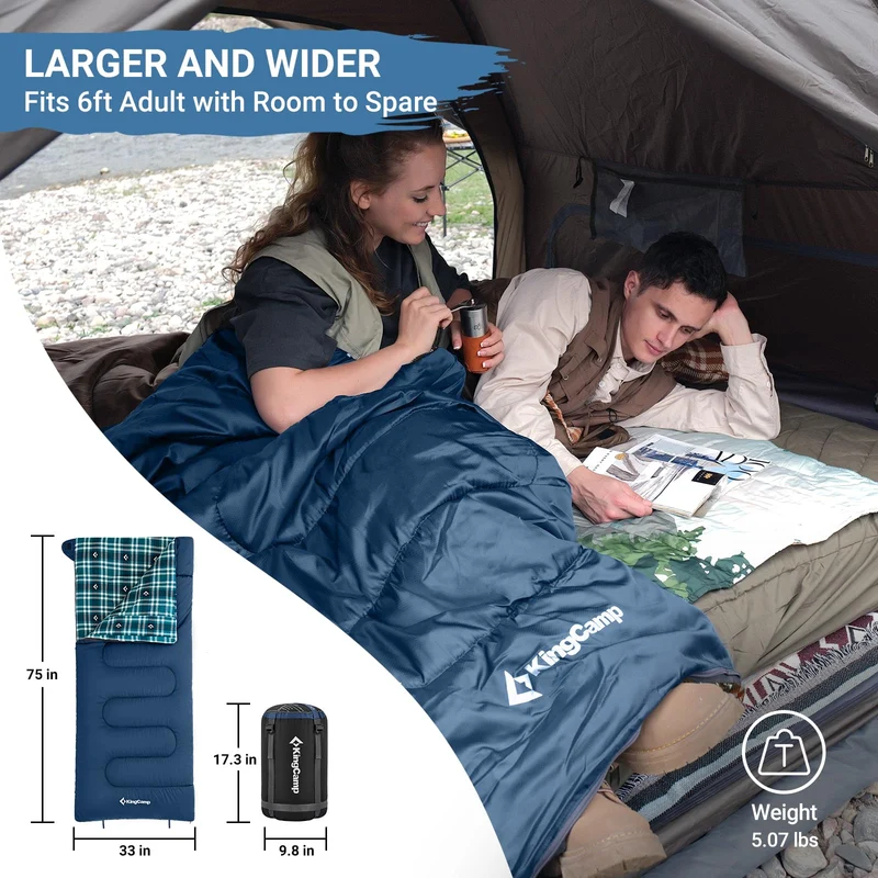 KingCamp SNOWFLAKE 400 Sleeping Bag – Wide, Convertible to Double, Flannel Lined