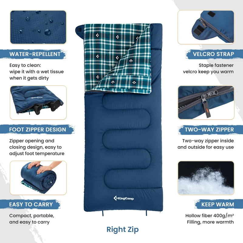 KingCamp SNOWFLAKE 400 Sleeping Bag – Wide, Convertible to Double, Flannel Lined