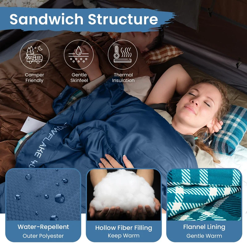 KingCamp SNOWFLAKE 400 Sleeping Bag – Wide, Convertible to Double, Flannel Lined