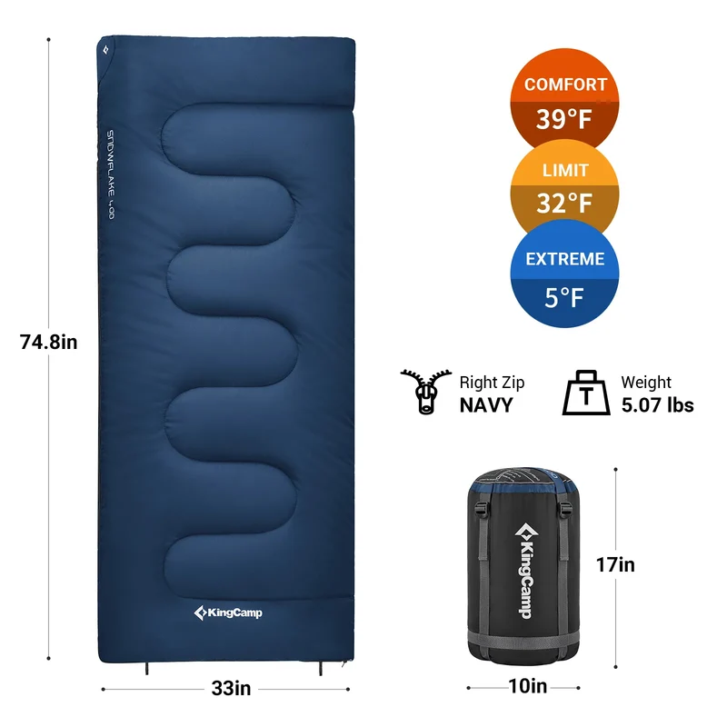 KingCamp SNOWFLAKE 400 Sleeping Bag – Wide, Convertible to Double, Flannel Lined