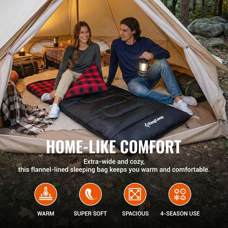 KingCamp SNOWFLAKE 400 Sleeping Bag – Wide, Convertible to Double, Flannel Lined