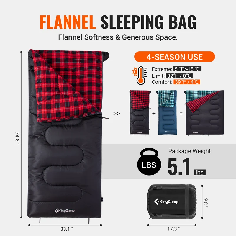 KingCamp SNOWFLAKE 400 Sleeping Bag – Wide, Convertible to Double, Flannel Lined