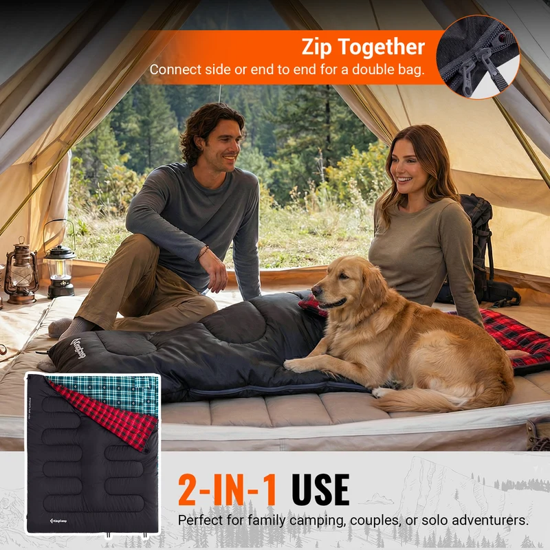 KingCamp SNOWFLAKE 400 Sleeping Bag – Wide, Convertible to Double, Flannel Lined