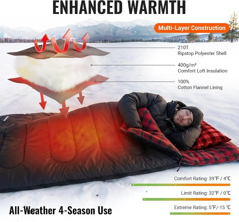KingCamp SNOWFLAKE 400 Sleeping Bag – Wide, Convertible to Double, Flannel Lined