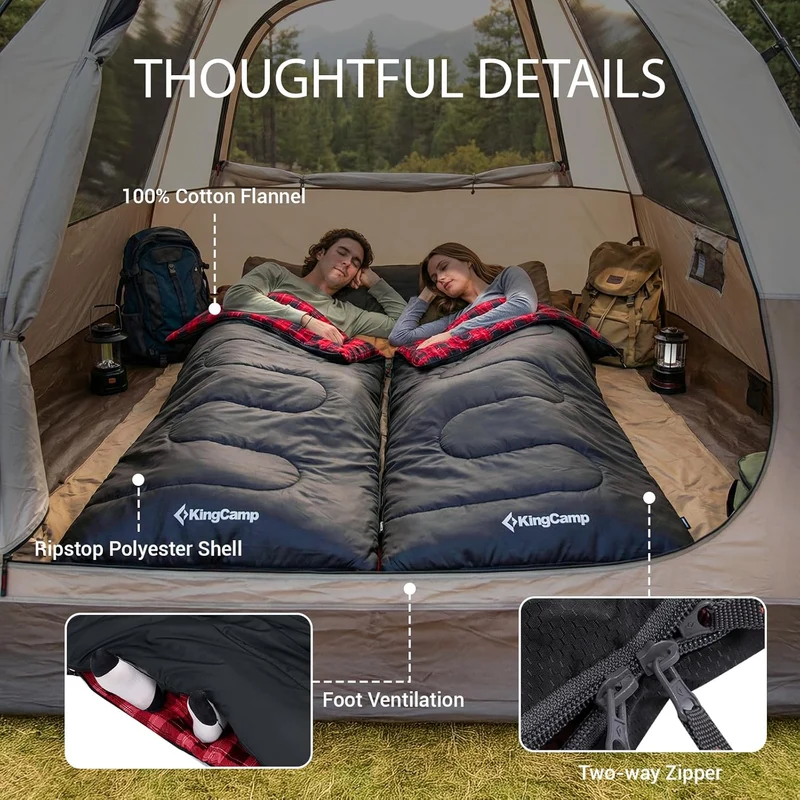 KingCamp SNOWFLAKE 400 Sleeping Bag – Wide, Convertible to Double, Flannel Lined