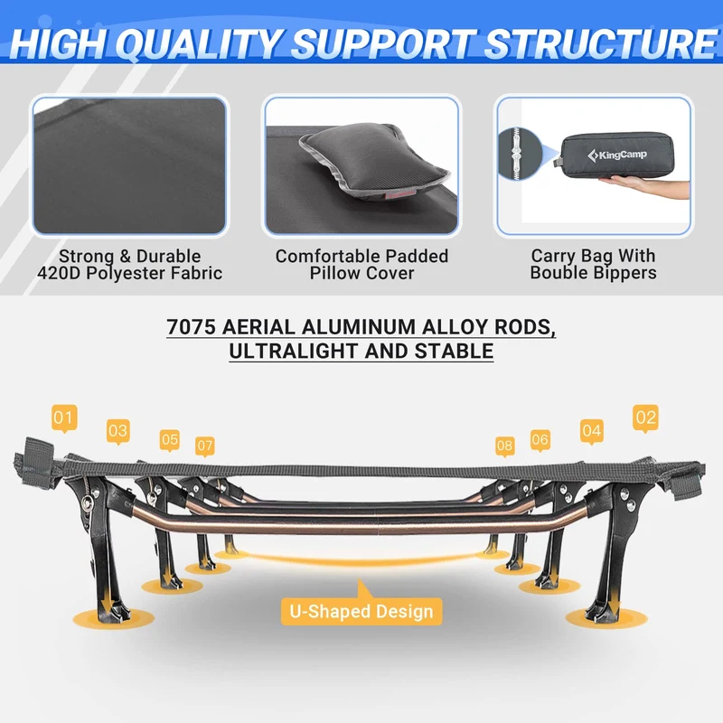 KingCamp Ultralight Folding Camping Cot | 4.9 lbs Lightweight Portable Cot with 7075 Aluminum Frame, 265lb Capacity