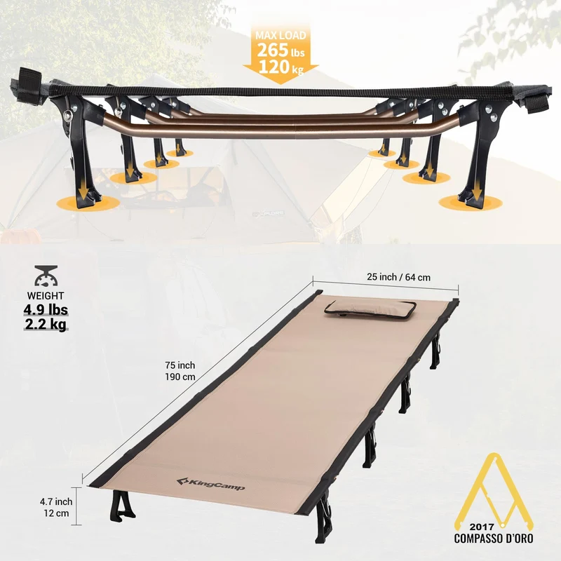 KingCamp Ultralight Folding Camping Cot | 4.9 lbs Lightweight Portable Cot with 7075 Aluminum Frame, 265lb Capacity