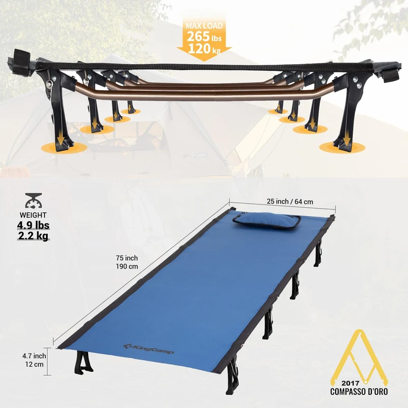 KingCamp Ultralight Folding Camping Cot | 4.9 lbs Lightweight Portable Cot with 7075 Aluminum Frame, 265lb Capacity