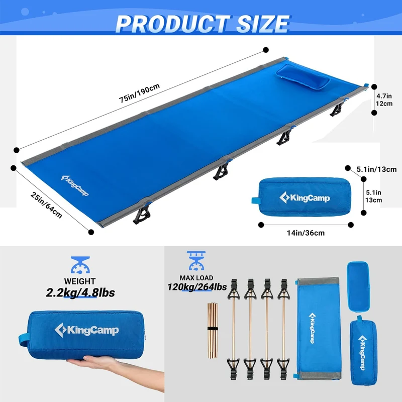 KingCamp Ultralight Folding Camping Cot | 4.9 lbs Lightweight Portable Cot with 7075 Aluminum Frame, 265lb Capacity