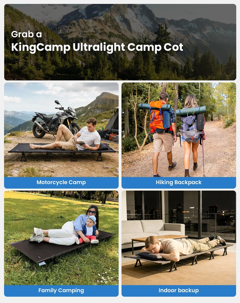 KingCamp Ultralight Folding Camping Cot | 4.9 lbs Lightweight Portable Cot with 7075 Aluminum Frame, 265lb Capacity