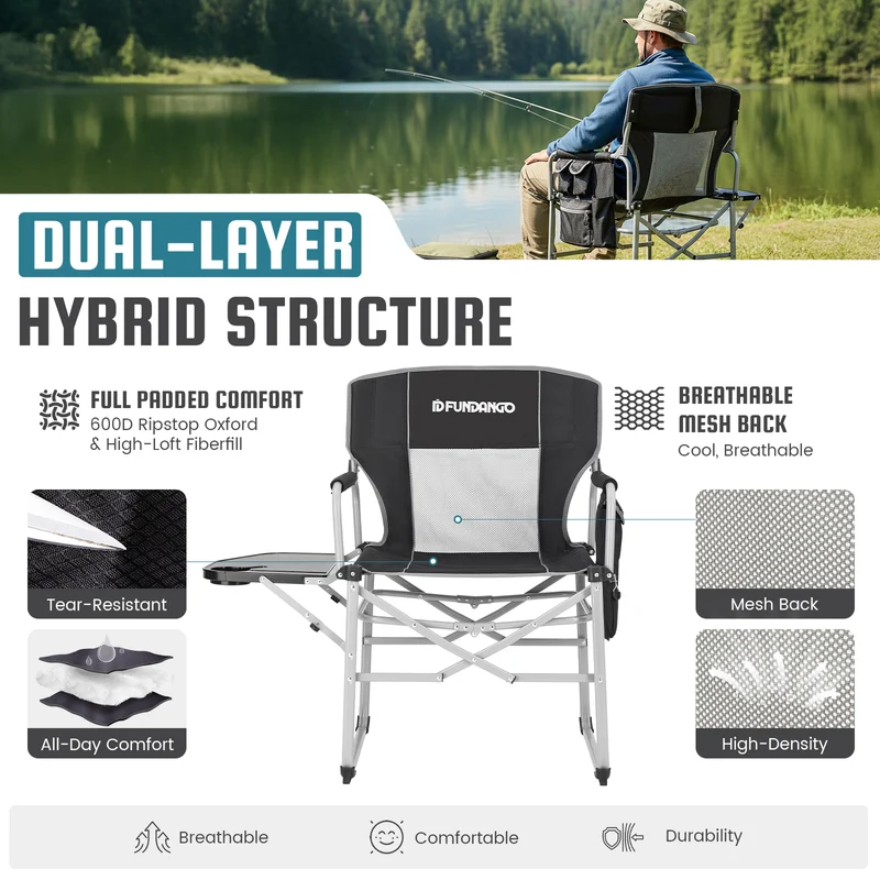 FUNDANGO FoldPro Basic L Portable Director Chair | Heavy Duty 440lb Capacity Folding Camp Chair with Side Table