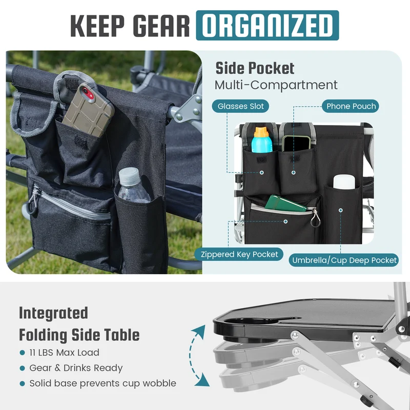 FUNDANGO FoldPro Basic L Portable Director Chair | Heavy Duty 440lb Capacity Folding Camp Chair with Side Table