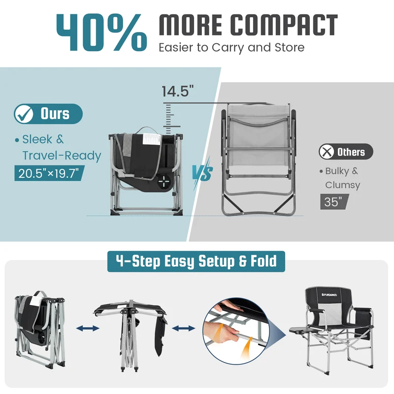 FUNDANGO FoldPro Basic L Portable Director Chair | Heavy Duty 440lb Capacity Folding Camp Chair with Side Table
