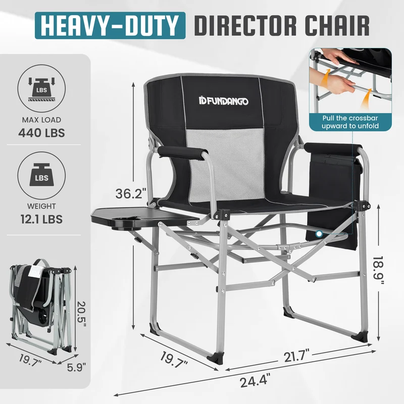 FUNDANGO FoldPro Basic L Portable Director Chair | Heavy Duty 440lb Capacity Folding Camp Chair with Side Table