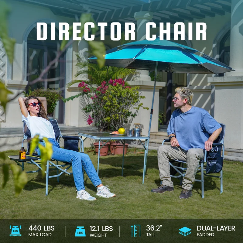 FUNDANGO FoldPro Basic L Portable Director Chair | Heavy Duty 440lb Capacity Folding Camp Chair with Side Table