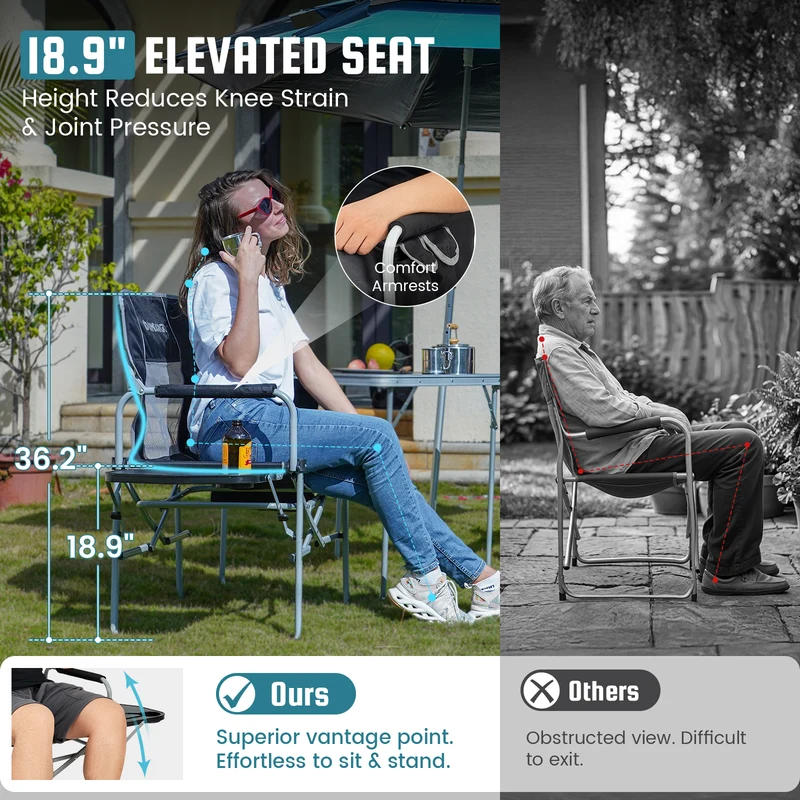FUNDANGO FoldPro Basic L Portable Director Chair | Heavy Duty 440lb Capacity Folding Camp Chair with Side Table