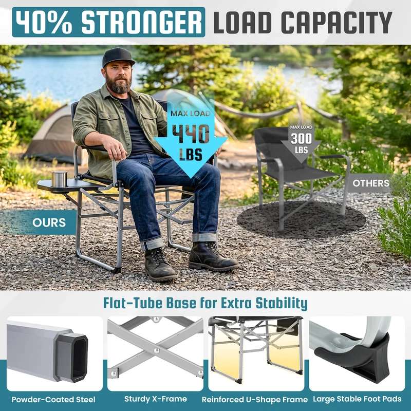 FUNDANGO FoldPro Basic L Portable Director Chair | Heavy Duty 440lb Capacity Folding Camp Chair with Side Table
