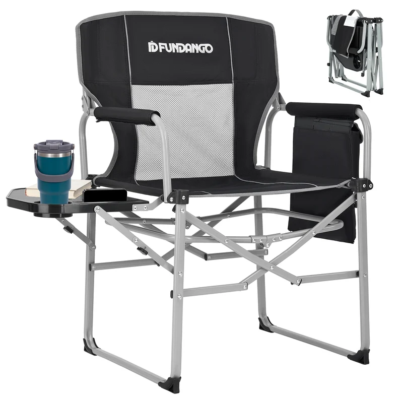 FUNDANGO FoldPro Basic L Portable Director Chair | Heavy Duty 440lb Capacity Folding Camp Chair with Side Table