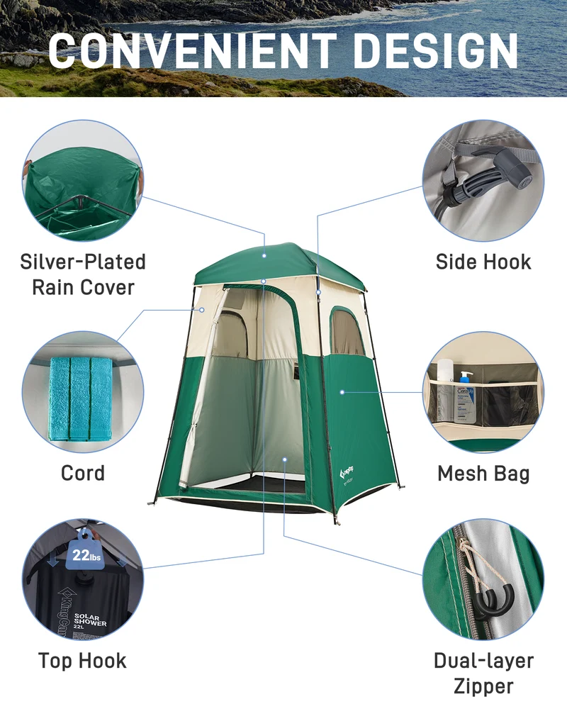 KingCamp MARASUSA Single Privacy Shelter with 20L Solar Shower Bag | Camping Shower Tent, UPF50+ Sun Protection, Portable Outdoor Shower Kit
