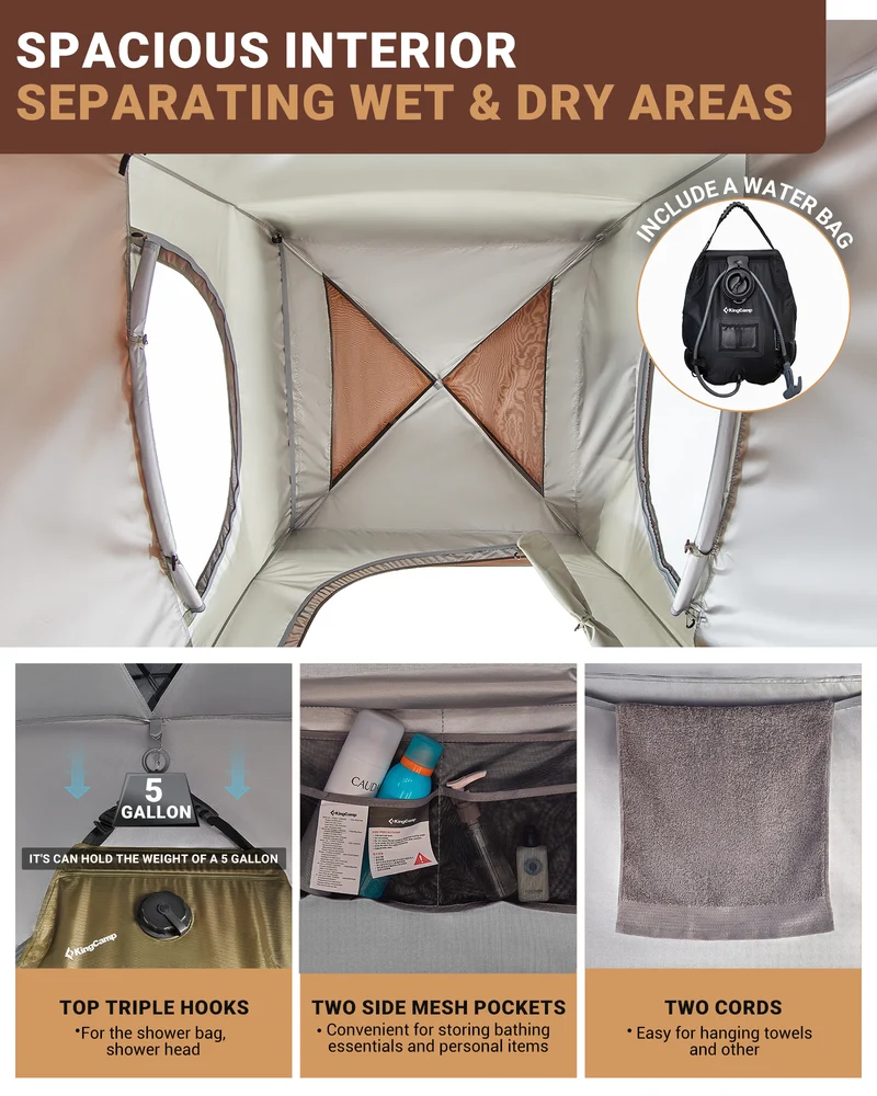 KingCamp MARASUSA Single Privacy Shelter with 20L Solar Shower Bag | Camping Shower Tent, UPF50+ Sun Protection, Portable Outdoor Shower Kit