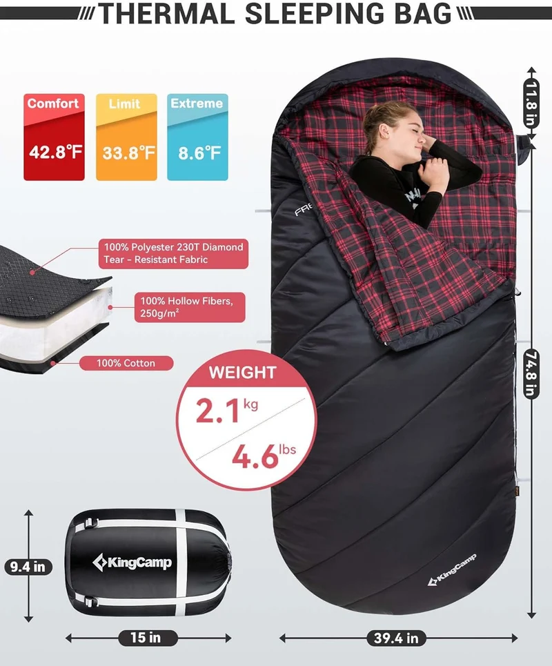 KingCamp FREESPACE 250 3-Season Plus Size Flannel Sleeping Bag