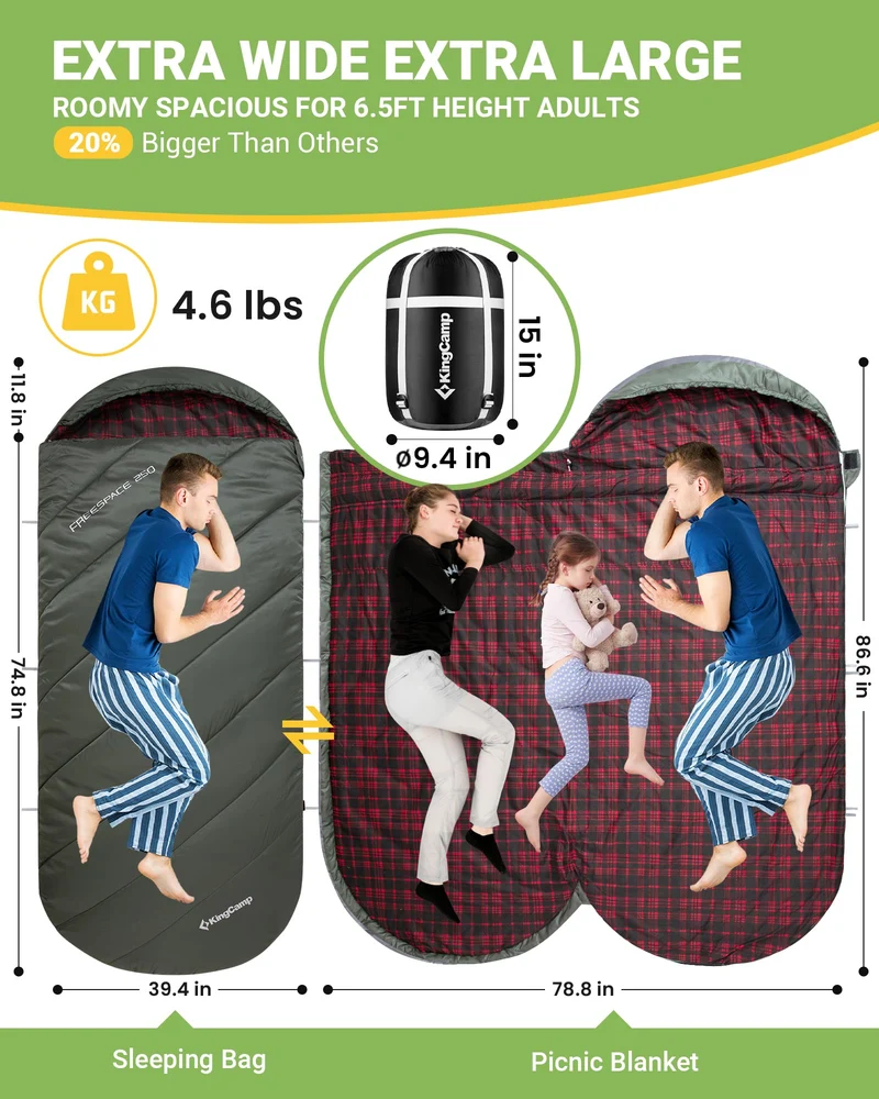 KingCamp FREESPACE 250 3-Season Plus Size Flannel Sleeping Bag