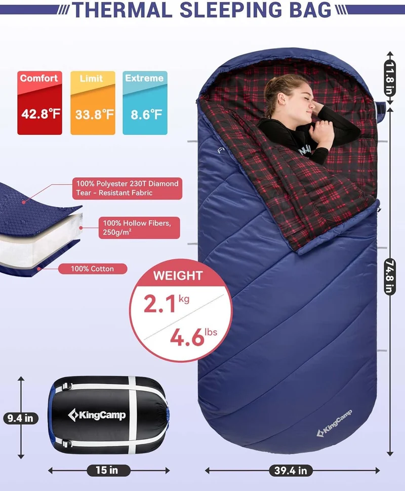 KingCamp FREESPACE 250 3-Season Plus Size Flannel Sleeping Bag