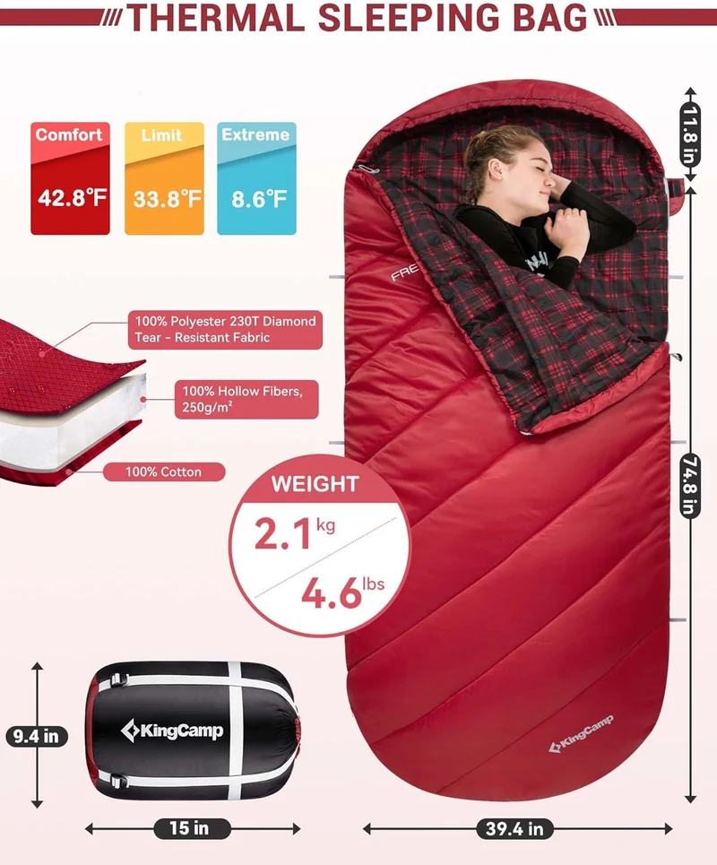 KingCamp FREESPACE 250 3-Season Plus Size Flannel Sleeping Bag