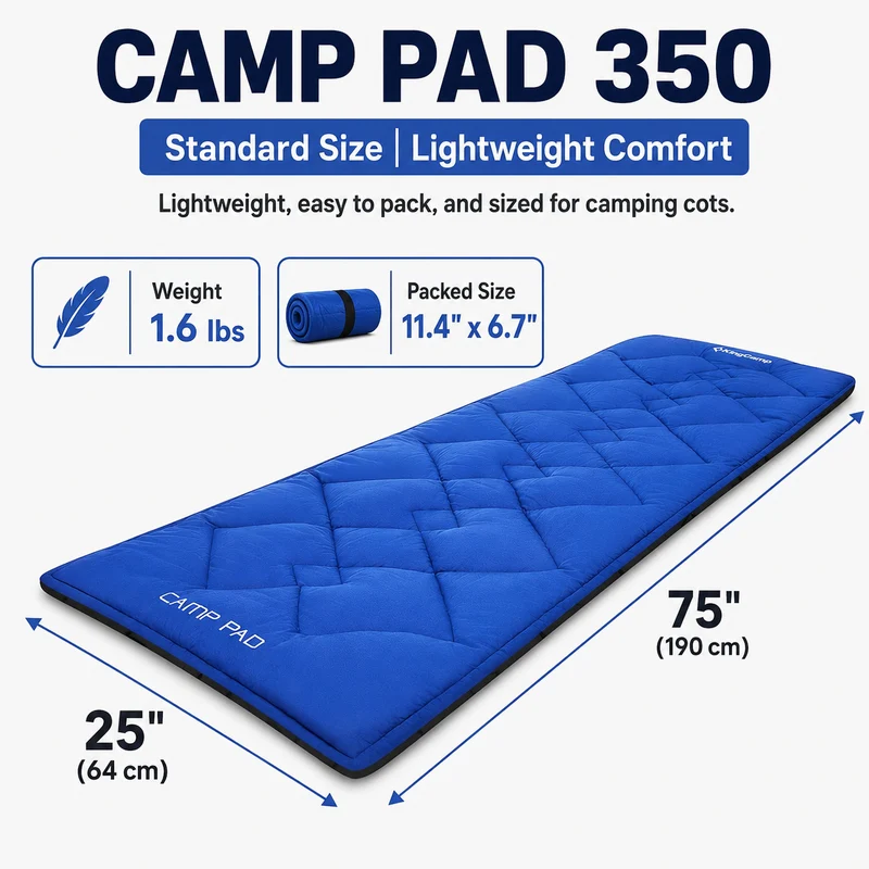 KingCamp CAMP PAD 350 Quilted Camping Cot Pad, Lightweight Padded Sleeping Mat with Elastic Straps, Machine Washable, 75" x 25"